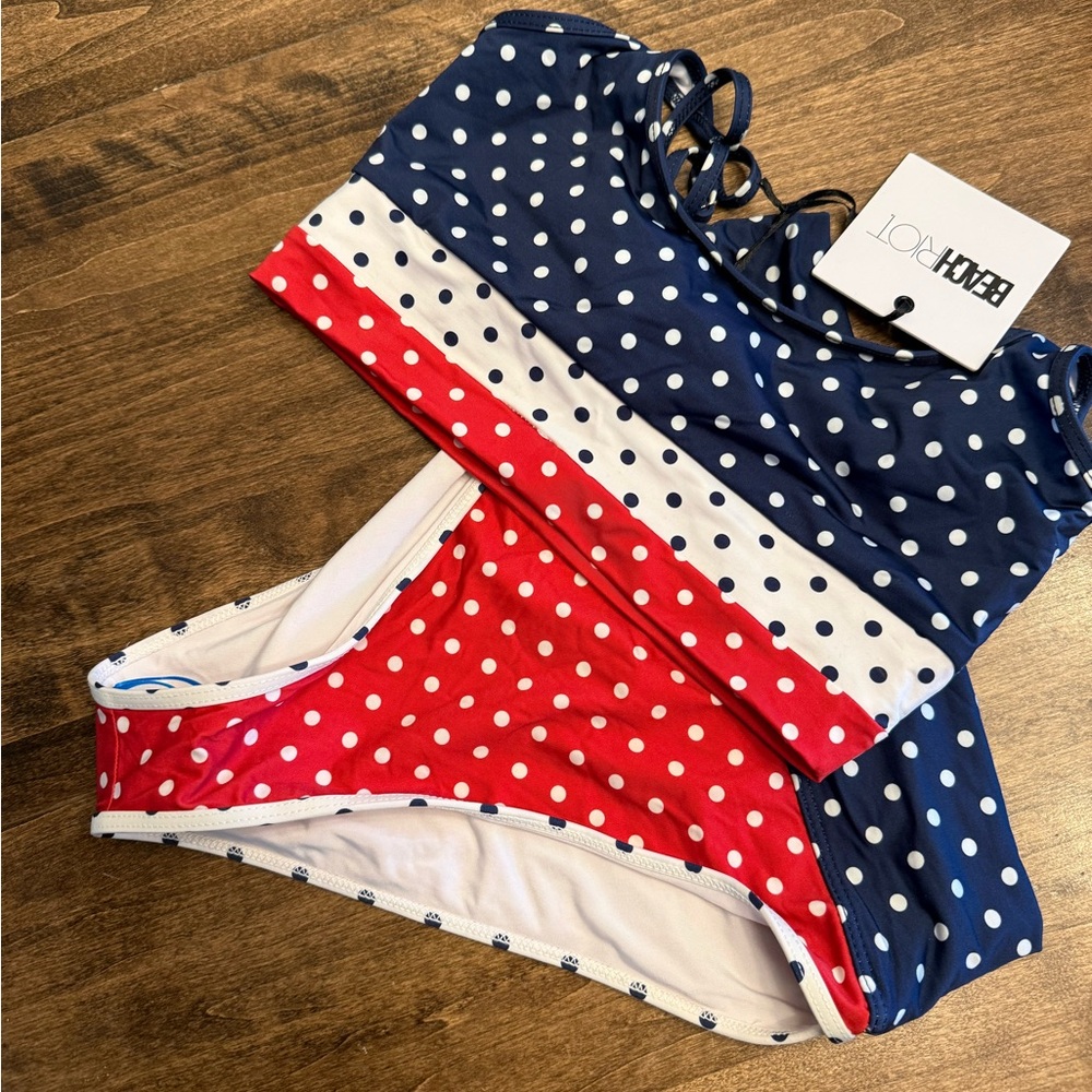 Beach Riot Women's Polka Dot Two-Piece Bikini in Navy/White/Red - Picture 2 of 5
